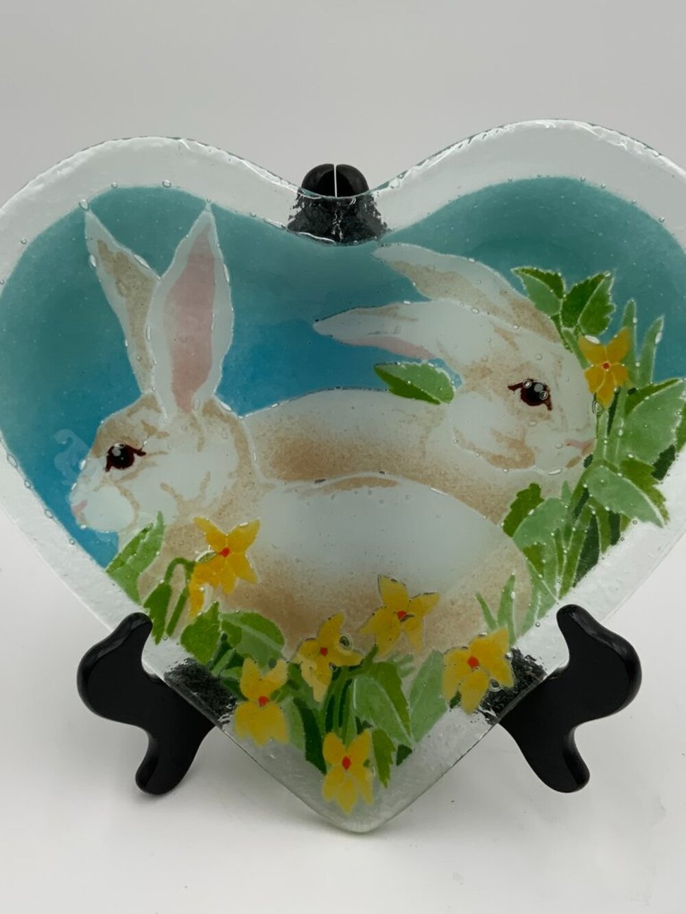 Vintage PEGGY KARR EASTER BUNNY 10" Heart Shaped Fused Glass Platter Exc Cond - Picture 1 of 8